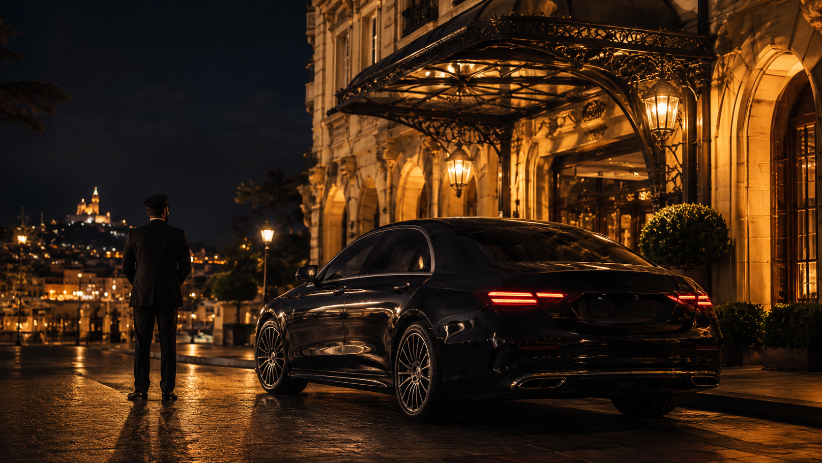 Mercedes Classe S berline noire DC Driving pour retour nocturne sécurisé à Marseille