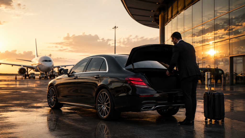 Mercedes Classe E berline noire à aéroport Marseille Provence tarmac - DC Driving