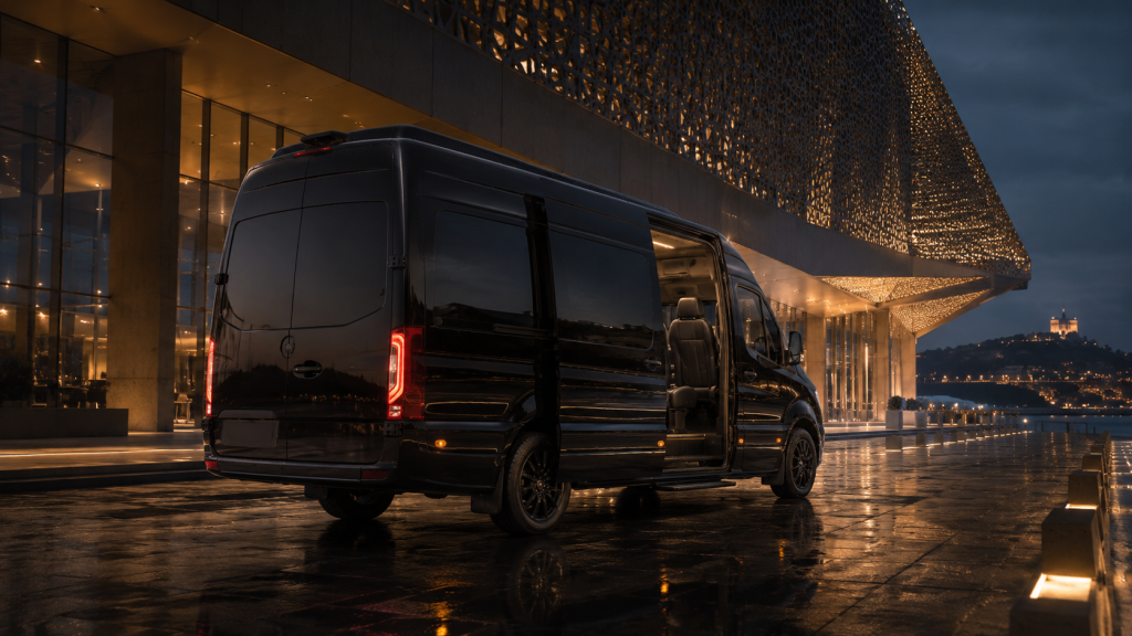 Mercedes Sprinter noir Palais des Congrès Marseille portière coulissante - DC Driving