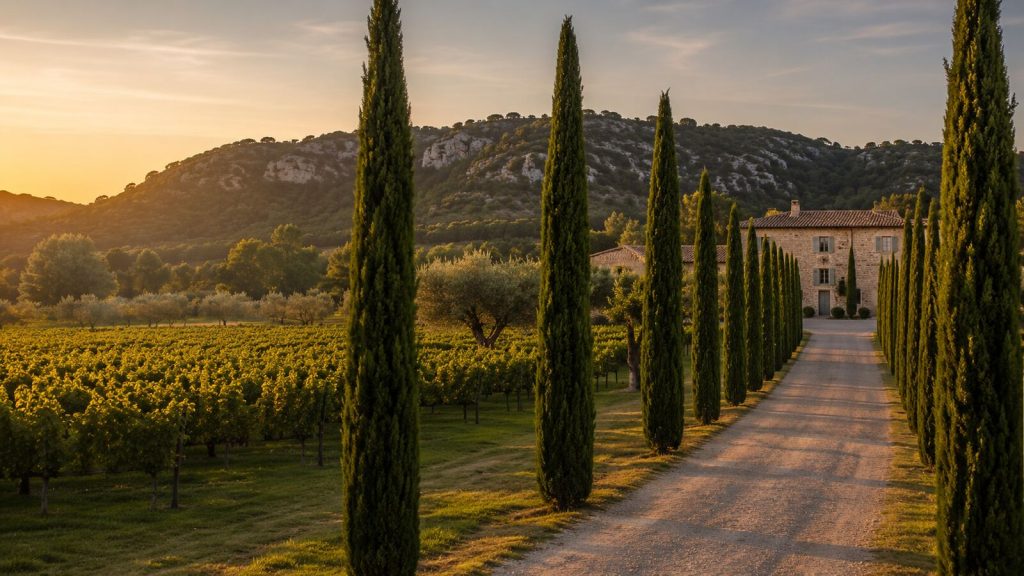 Allée de cyprès menant à un domaine des Alpilles en Provence